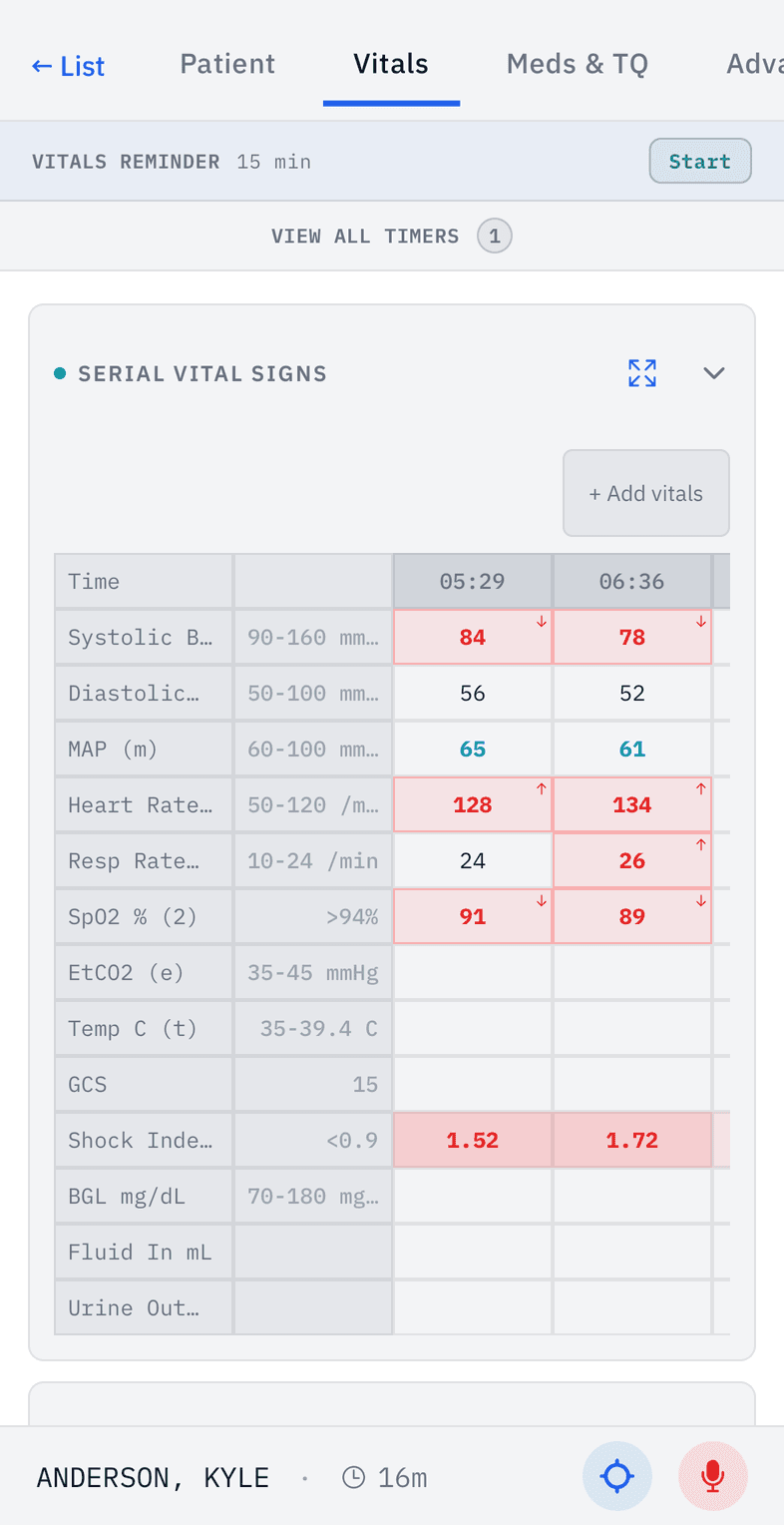 The same serial vitals table in the high-contrast sun-readable light theme